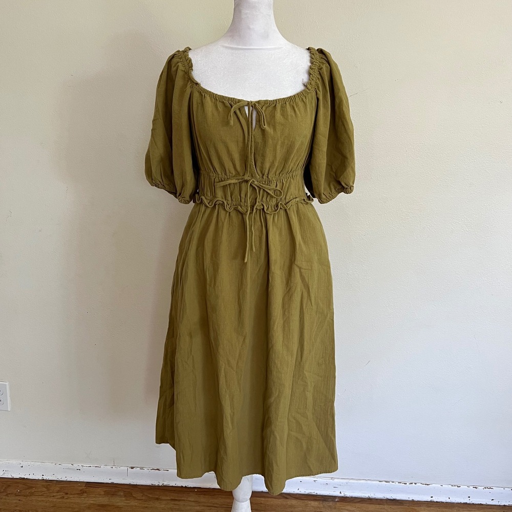 Universal Thread Olive Green Puff Sleeve Smocked Waist Cotton Midi Dress XS